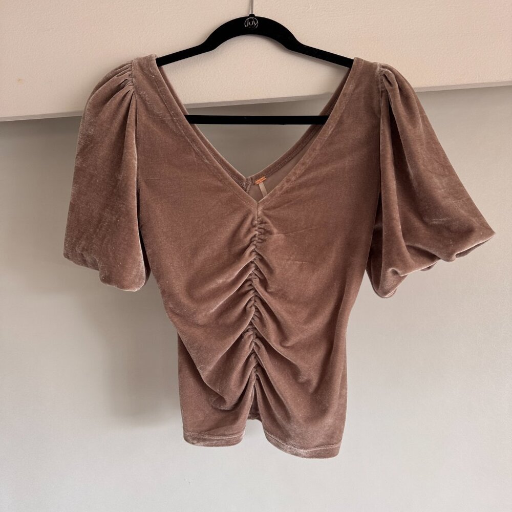 Free People Velvet Ruched Puff Sleeve Top in Taupe